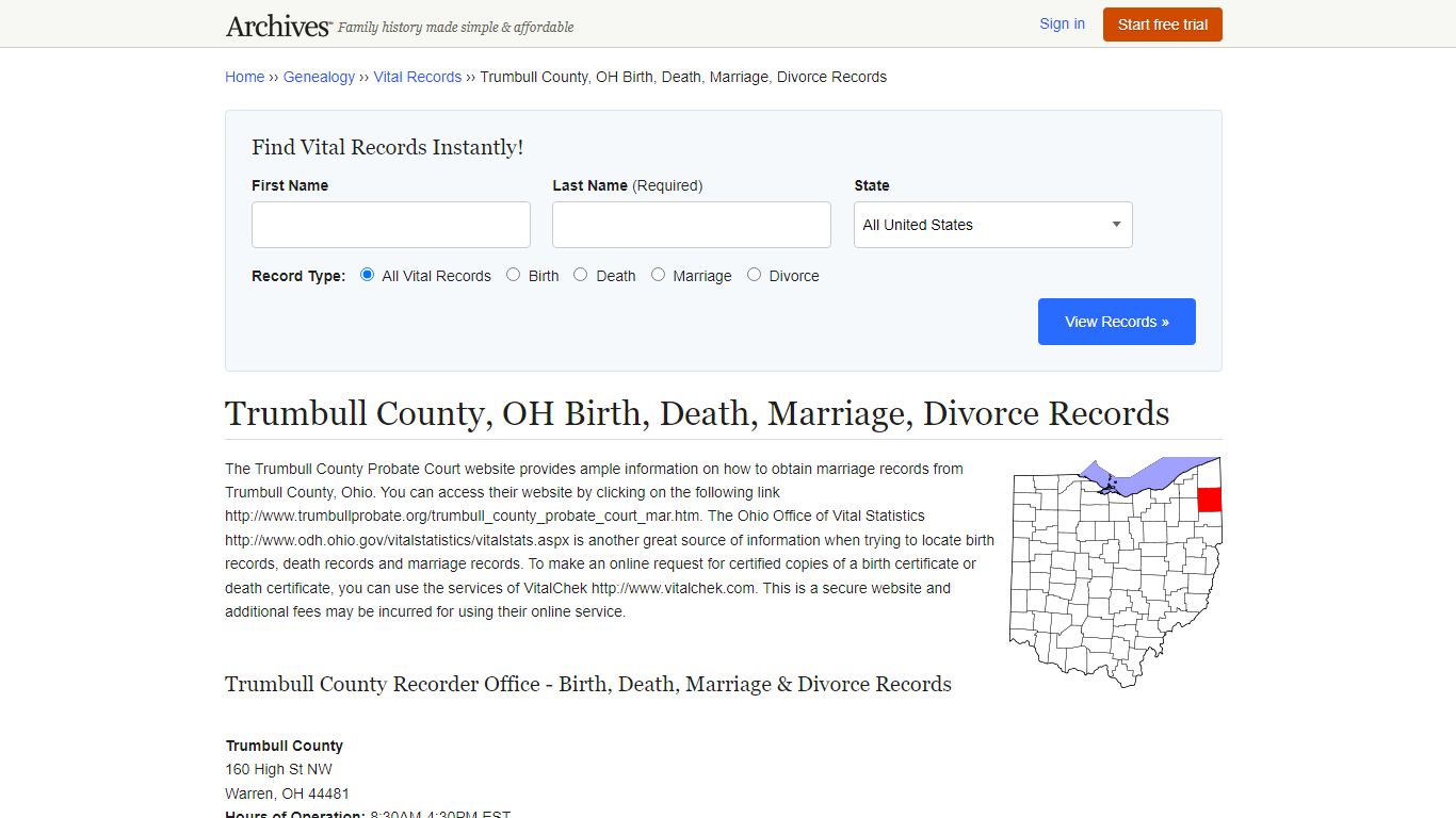 Trumbull County, OH Birth, Death, Marriage, Divorce Records
